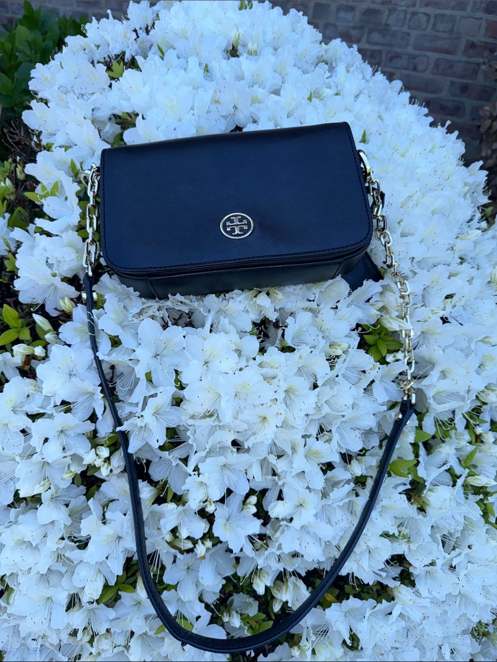 Tory Burch Black Leather Crossbody with Gold Chain Trim